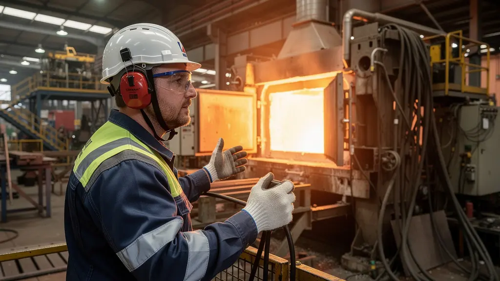 Technicien supervisant des fours électriques industriels dans un atelier de métallurgie (exemption accise)