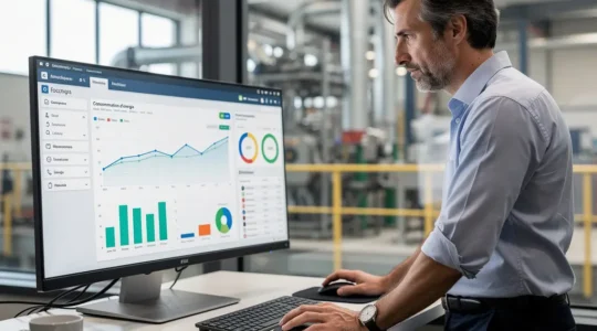 Responsable industriel analysant un tableau de bord de consommation énergétique (optimisation accise électricité)