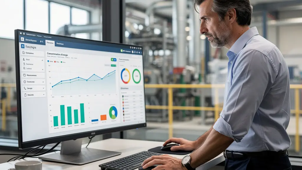 Responsable industriel analysant un tableau de bord de consommation énergétique (optimisation accise électricité)