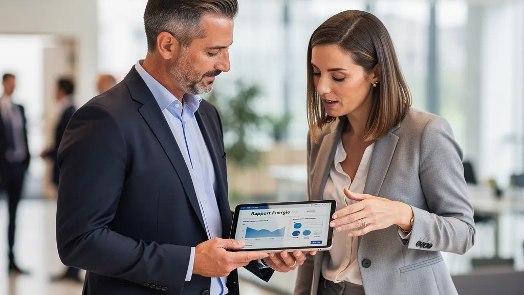 Consultant énergie et directrice d'entreprise analysant dossier exonération accise gaz sur tablette