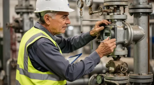 Technicien industriel vérifiant installation gaz en usine pour optimisation fiscale accise