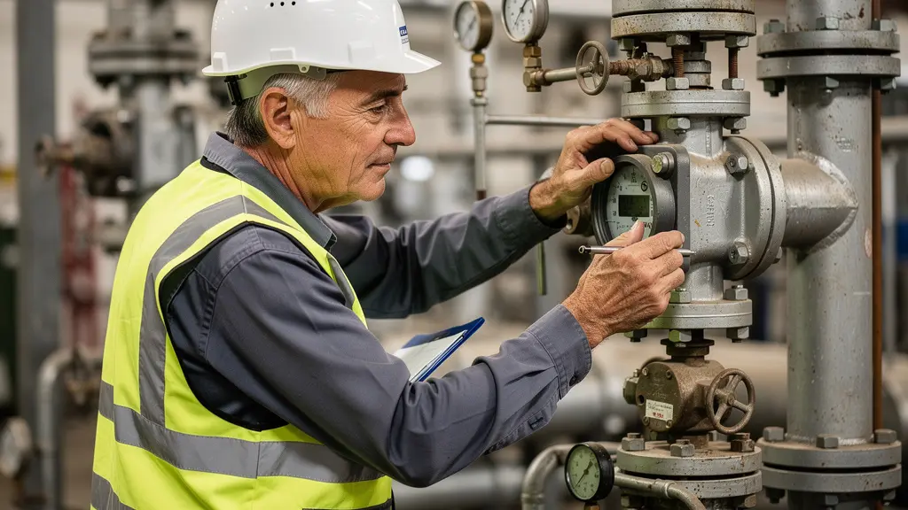 Technicien industriel vérifiant installation gaz en usine pour optimisation fiscale accise