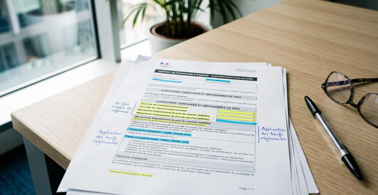 Contrats d'électricité professionnels avec clauses d'indexation surlignées, montrant la complexité des mécanismes tarifaires ARENH et TURPE
