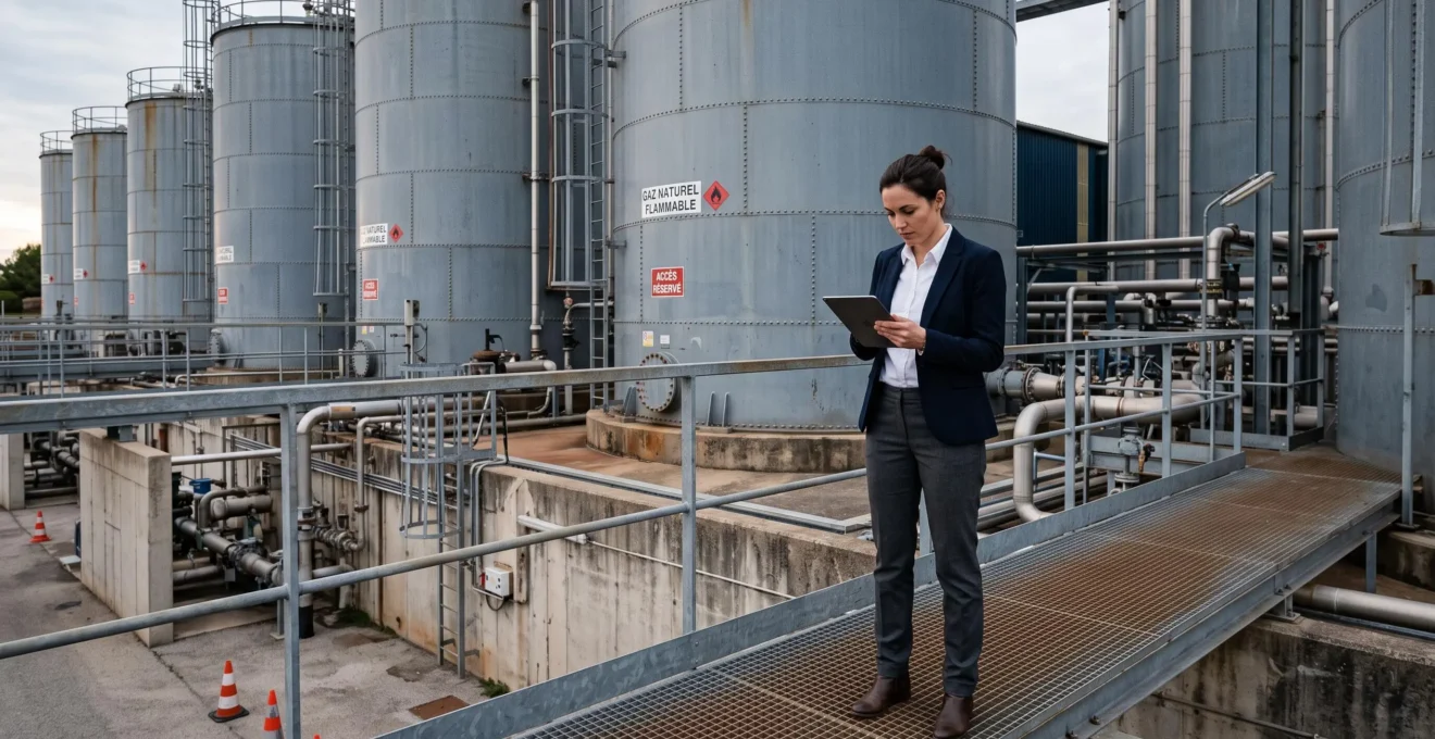 Courtier en énergie consultant des données contractuelles sur tablette dans une zone de stockage industriel de gaz, illustration de l'expertise terrain dans le secteur énergétique