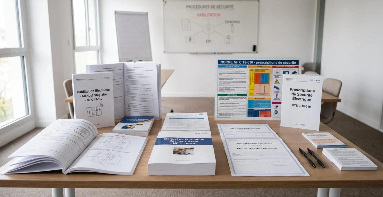 Kit pédagogique complet d'habilitation électrique disposé sur une table de formateur avec livrets, guides, posters et documents de formation conformes NF C 18-510