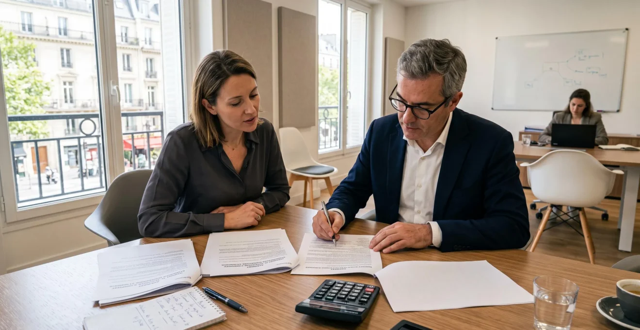 Séance de travail entre courtier en énergie et responsable d'entreprise autour de documents contractuels, illustrant l'accompagnement personnalisé du processus