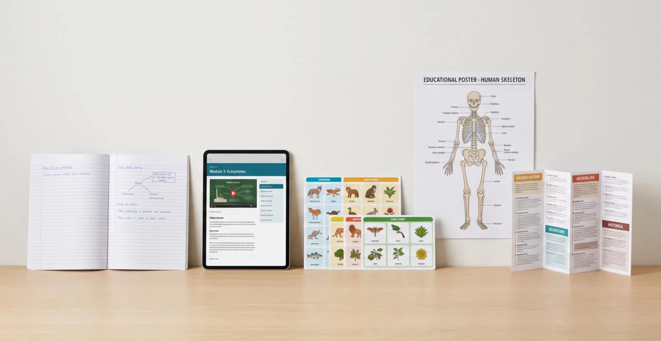 Variété de formats de supports pédagogiques pour habilitation électrique : livret, tablette e-learning, cartes ludiques, poster et dépliant